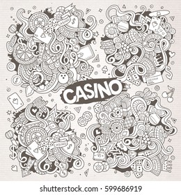 Sketchy vector hand drawn doodles cartoon set of Casino objects and symbols. Paper background