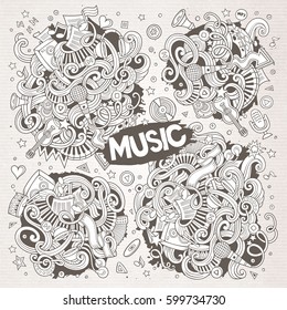 Sketchy vector hand drawn doodles cartoon set of Music objects and symbols. Paper background