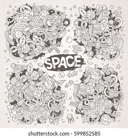 Sketchy vector hand drawn doodles cartoon set of Space objects and symbols. Paper background