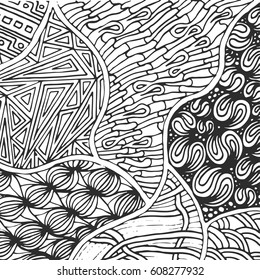 Sketchy vector hand drawn doodles, zen tangle, zen art patterns, objects and symbols