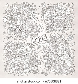 Sketchy vector hand drawn doodles cartoon set of Love and Valentines Day objects and symbols. Paper background