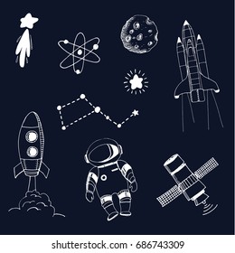 Sketchy vector hand drawn doodles cartoon set of Space objects and symbols