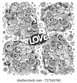 Sketchy vector hand drawn doodles cartoon set of Love and Valentines Day objects and symbols