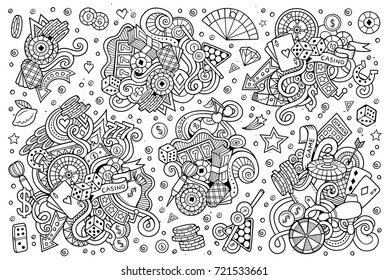 Sketchy vector hand drawn doodles cartoon set of Casino objects and symbols