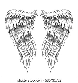 Sketchy vector hand drawn folded wings illustration. Hanging angel wings tatttoo.