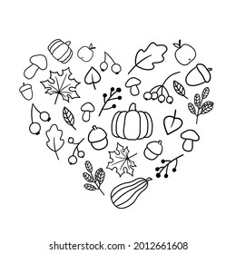 Sketchy vector hand drawn leaves, pumpkin, acorn. Doodle set of objects and symbols on the autumn theme in the shape of a heart