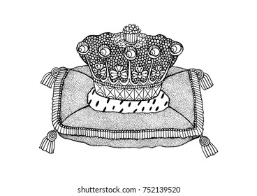 Sketchy vector hand drawn line crown on a pillow. Isolated objects on white background. 