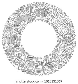 Sketchy vector hand drawn set of Beer fest cartoon doodle objects, symbols and items. Round frame composition