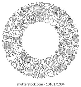 Sketchy vector hand drawn set of Easter cartoon doodle objects, symbols and items. Round frame composition