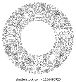 Sketchy vector hand drawn set of New Year cartoon doodle objects, symbols and items. Round frame composition