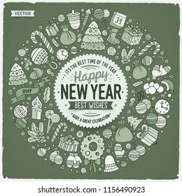 Sketchy vector hand drawn set of New Year cartoon doodle objects, symbols and items. Round frame composition