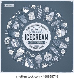 Sketchy vector hand drawn set of Ice Cream cartoon doodle objects, symbols and items. Round frame composition