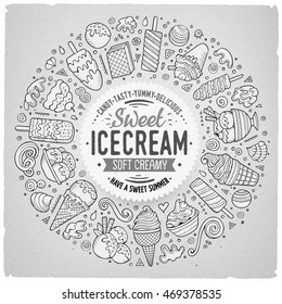 Sketchy vector hand drawn set of Ice Cream cartoon doodle objects, symbols and items. Round frame composition