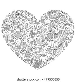 Sketchy vector hand drawn set of Thanksgiving cartoon doodle objects, symbols and items. Heart form composition