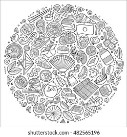 Sketchy vector hand drawn set of Japan food cartoon doodle objects, symbols and items. Round composition