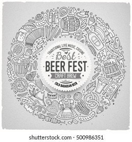 Sketchy vector hand drawn set of Beer fest cartoon doodle objects, symbols and items. Round frame composition