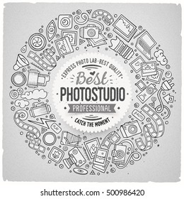 Sketchy vector hand drawn set of Photo studio cartoon doodle objects, symbols and items. Round frame composition