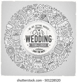 Sketchy vector hand drawn set of Wedding cartoon doodle objects, symbols and items. Round frame composition