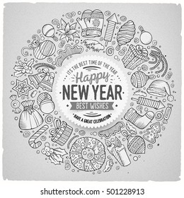 Sketchy vector hand drawn set of New Year cartoon doodle objects, symbols and items. Round frame composition