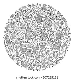 Sketchy vector hand drawn set of Africa cartoon doodle objects, symbols and items. Round composition