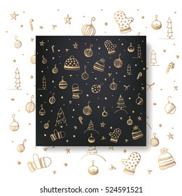 Sketchy vector hand drawn set of objects and symbols on the Christmas theme. Greeting card with gold doodles on a black background.