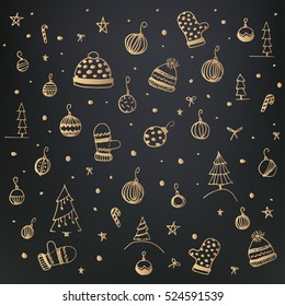 Sketchy vector hand drawn set of objects and symbols on the Christmas theme. Greeting card with gold doodles on a black background.