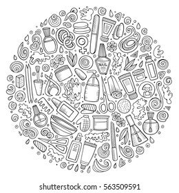 Sketchy vector hand drawn set of Manicure cartoon doodle objects, symbols and items. Round composition 