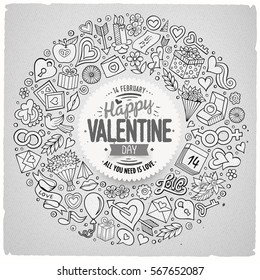 Sketchy vector hand drawn set of Love cartoon doodle objects, symbols and items. Round frame composition 