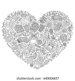 Sketchy vector hand drawn set of Oktoberfest cartoon doodle objects, symbols and items. Heart form composition