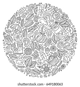 Sketchy vector hand drawn set of Autumn cartoon doodle objects, symbols and items. Round composition