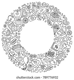 Sketchy vector hand drawn set of Love cartoon doodle objects, symbols and items. Round frame composition