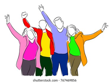 Sketchy vector illustration of a group of young people cheering