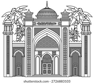 Ilustración vectorial incompleta de un palacio o mezquita islámica con arcos, cúpulas, minaretes y palmeras. Arquitectura ornamental divertida para viajes, cultura y uso de marca. Dibujado a mano, no AI