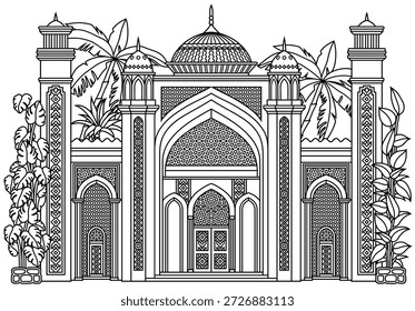 Skizzenartige Vektorgrafik eines islamischen Palastes oder einer Moschee mit Bögen, Kuppeln, Minaretten und Palmen. Lustige Zierarchitektur für Reisen, Kultur und Branding. Handgezeichnet, nicht KI