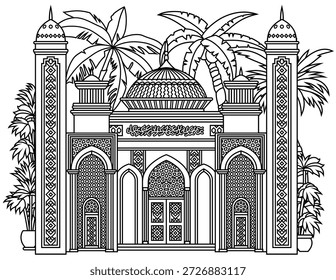 Skizzenartige Vektorgrafik eines islamischen Palastes oder einer Moschee mit Bögen, Kuppeln, Minaretten und Palmen. Lustige Zierarchitektur für Reisen, Kultur und Branding. Handgezeichnet, nicht KI