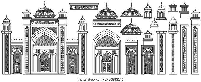 Skizzenhafte Vektorgrafik verzierter Fassaden islamischer Architektur mit Bögen und Kuppeln. Dekoratives Line Art-Design, ideal für Kultur-, Reise- und Markenprojekte. Handgezeichnet, nicht KI