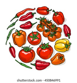 Sketchy vector illustration of vegetables set. Hand drawn collection of tomatoes and red pepper isolated on white background.