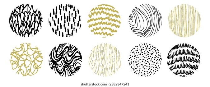 Vector esquemático de líneas y trazos de una forma redonda. Patrón oro y negro
