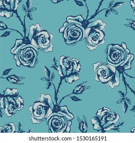 Sketchy Vector Rose Pattern in 3 Colors of Blue; Teal, Navy, Soft Blue Grey