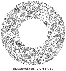 Sketchy vector set of Chocolate cartoon doodle objects, symbols and items. Round frame composition. Hand drawn, not AI