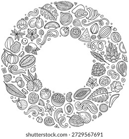 Sketchy vector set of Exotic Tropical Fruits cartoon doodle objects, symbols and items. Round frame composition. Hand drawn, not AI
