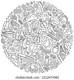 Sketchy vector set of Nail Salon cartoon doodle objects, symbols and items. Round composition