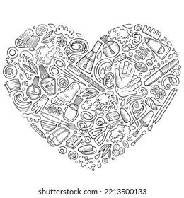 Sketchy vector set of Nail Salon cartoon doodle objects, symbols and items. Heart form composition