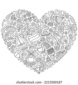 Sketchy vector set of Spain cartoon doodle objects, symbols and items. Heart form composition