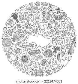 Esbozo conjunto de vectores de dibujos animados de Ucrania objetos de doodle, símbolos y objetos. Composición de redondeo