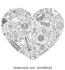 Sketchy vector set of Ukraine cartoon doodle objects, symbols and items. Heart form composition