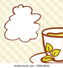 Sketchy vector tea party invitation. Vector design element. Sketch for Tea house flyer banner, ad, package, poster. Hand drawn cup with teabag and leaves