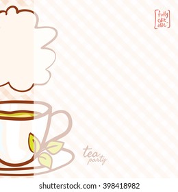 Sketchy vector tea party invitation. Vector design element. Sketch for Tea house flyer banner, ad, package, poster. Hand drawn cup with teabag and leaves