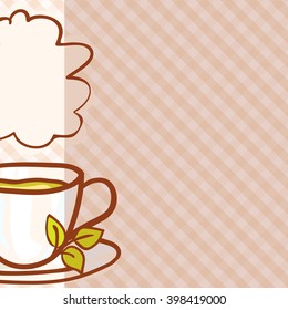 Sketchy vector tea party invitation. Vector design element. Sketch for Tea house flyer banner, ad, package, poster. Hand drawn cup with teabag and leaves