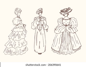 Sketchy vintage women silhouettes. Retro collection of stylish girls